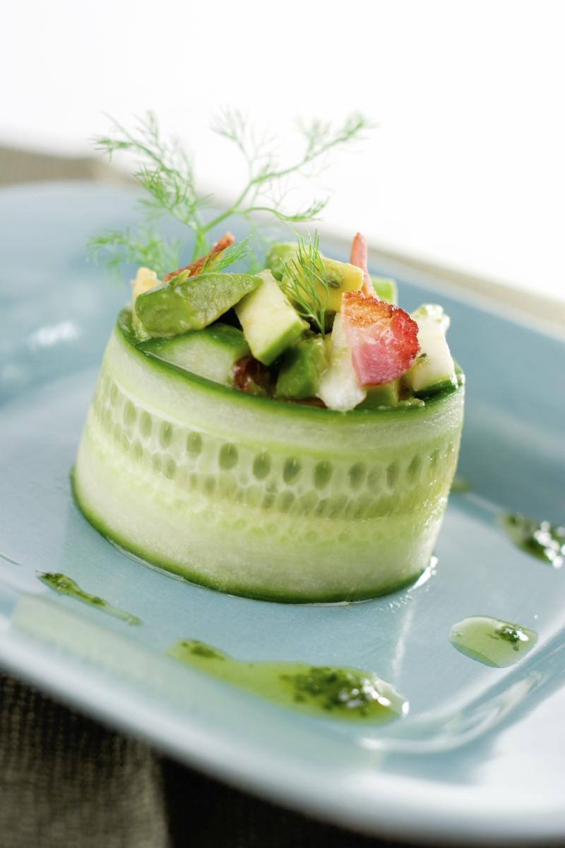 Cucumber Salad Cylinders with Basil Infused Olive Oil