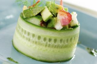 Saladamster Healthy Solutions 316 Ti Cookware: Cucumber Salad Cylinders with Basil Infused Olive Oil