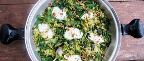 Green Shakshuka, eggs, brussels sprouts, kale, spinach, arugula