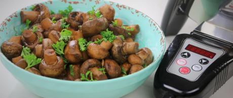 mushrooms, balsamic, soy sauce, eoc, electric oil core, skillet, ginger