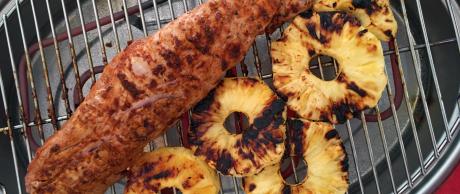 Grilling tenderloin and pineapple slices on the Saladmaster smokeless broiler